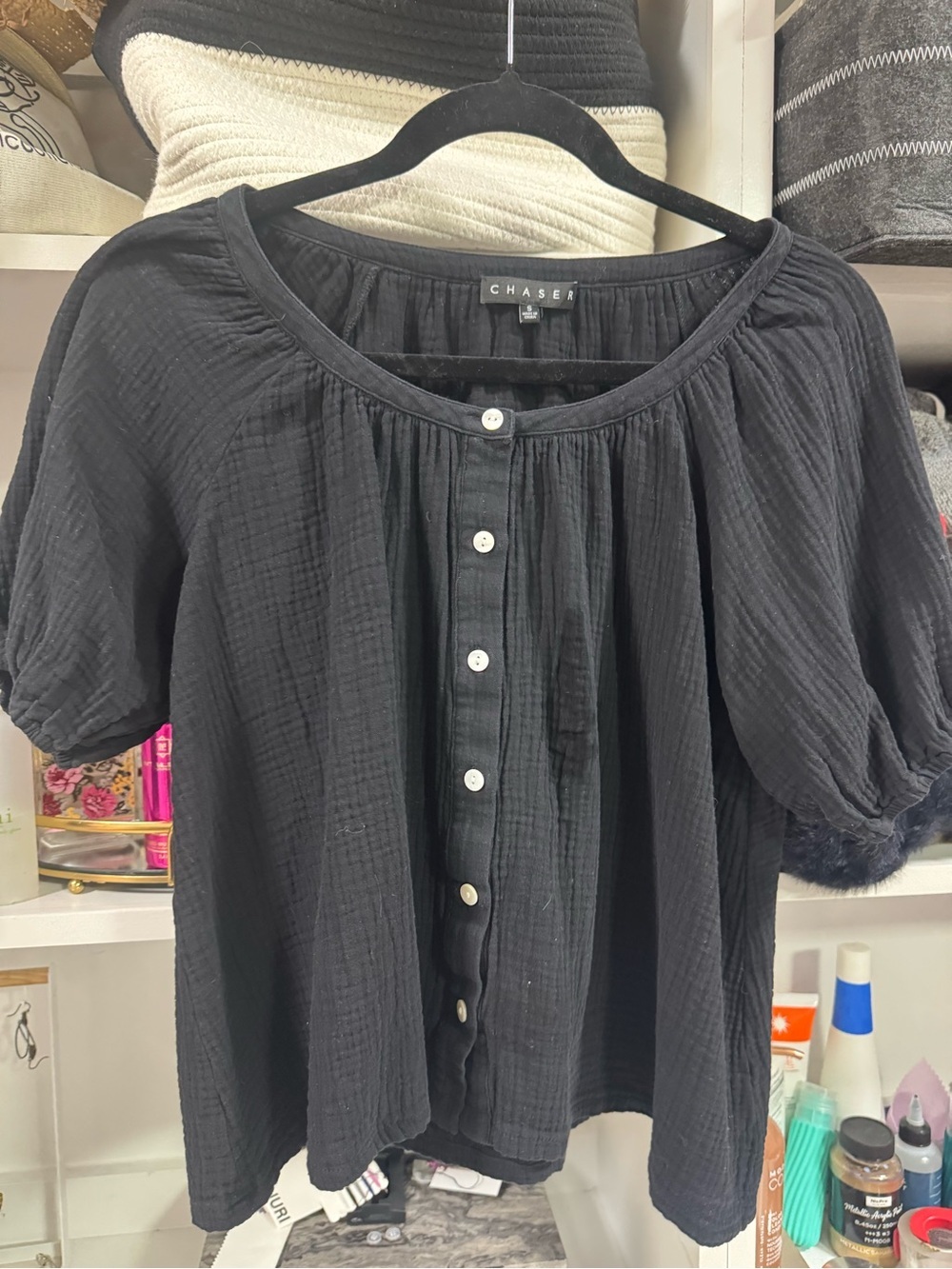 Chaser 100% Cotton Gauze Matching Set Black Blouse - Picture 3 of 9